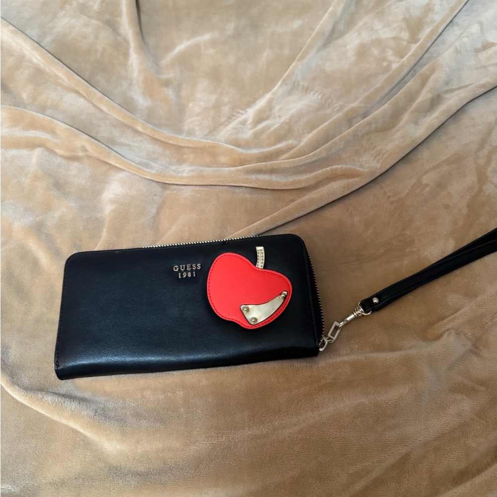 GUESS Black Wristlet Wallet with Red Apple